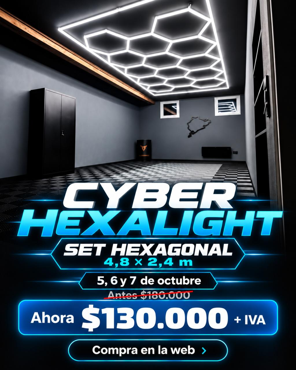 Set hexagonal 4,8 por 2,4 metros: $130.000 más IVA. Promoción Cyber del 5 al 7 de octubre de 2026.