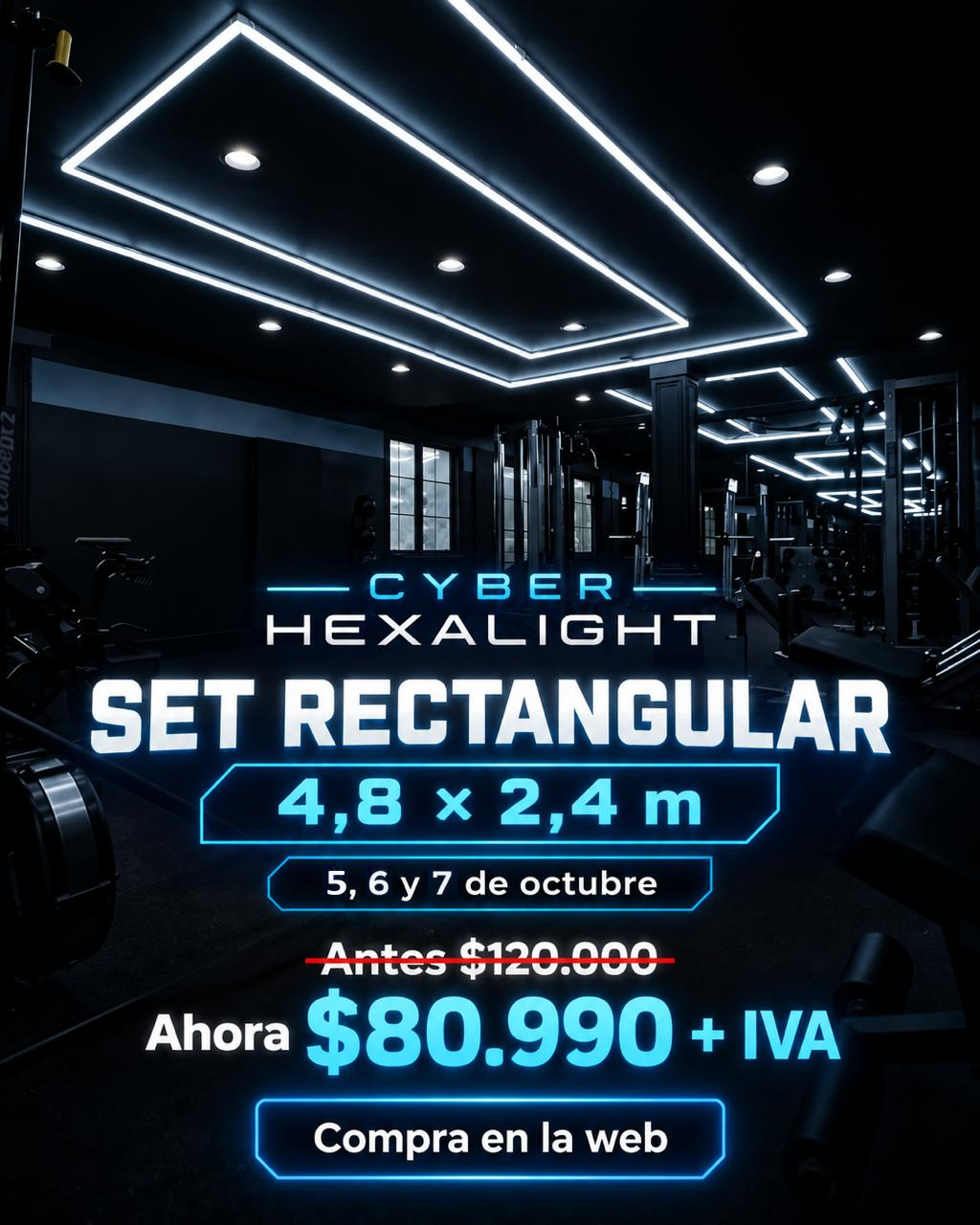 Set rectangular 4,8 por 2,4 metros: $80.990 más IVA. Promoción Cyber del 5 al 7 de octubre de 2026.